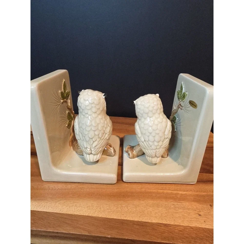 Vintage Owl Log Branch Leaf Bookends Otagiri OMC Japan EUC